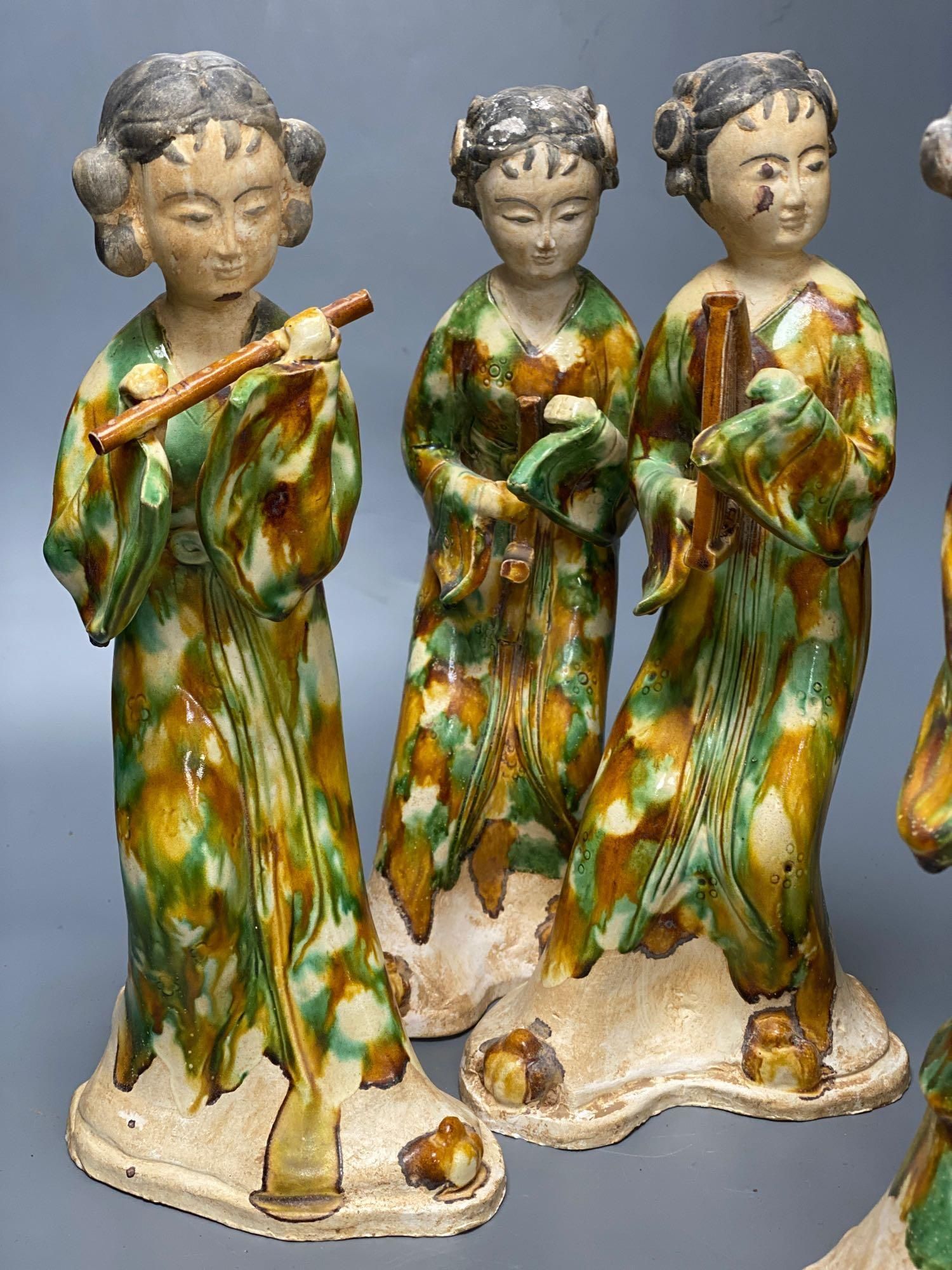 A set of six Chinese Tang style sancai pottery figures of female musicians, 32cm